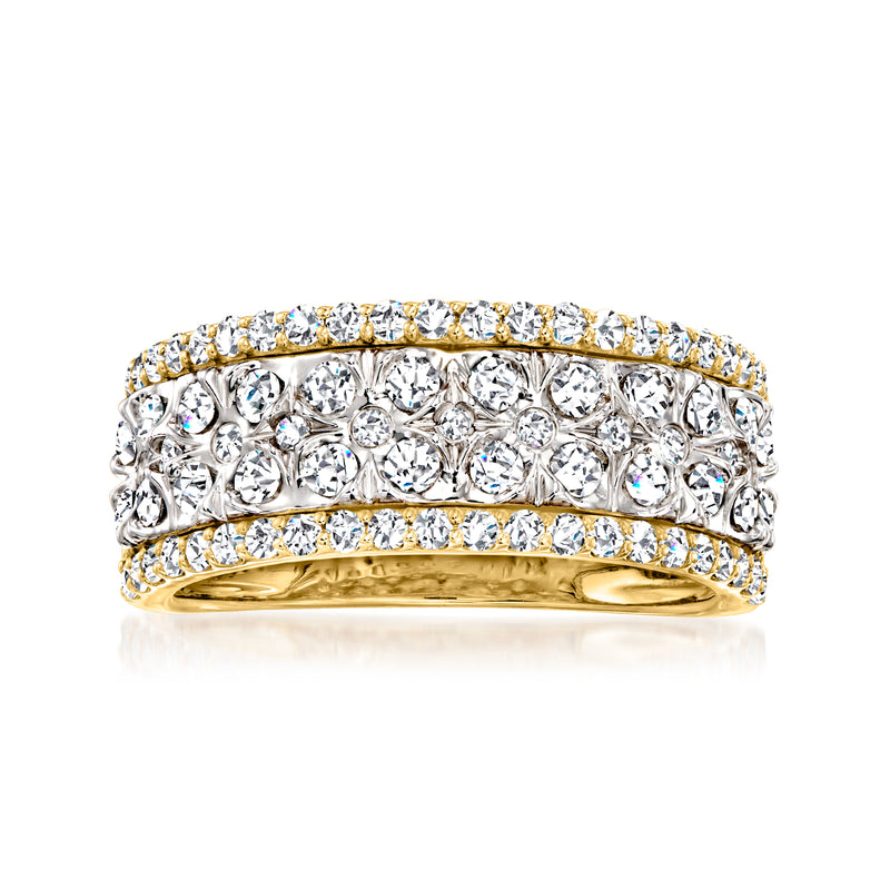 Two-tone gold diamond cluster band ring with bright round stones, top view