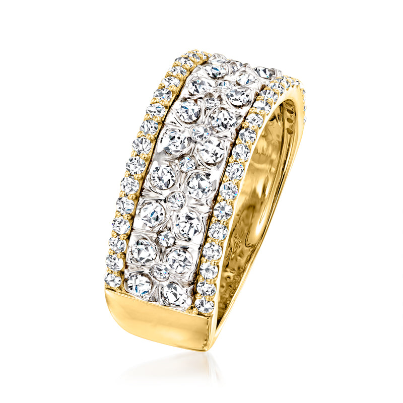 Two-tone gold diamond cluster ring, rectangular halo of round stones, side view