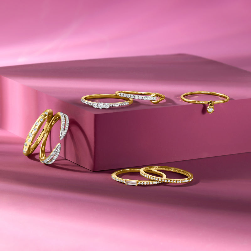 14kt yellow gold diamond ring with pavé band and round drop charm