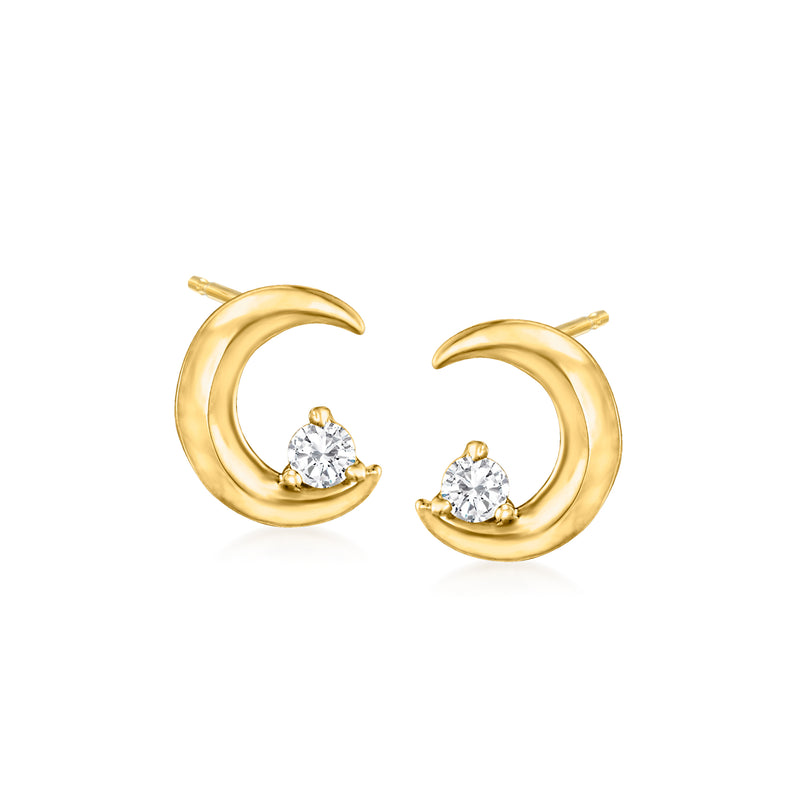14k yellow gold crescent moon post earrings with round diamond accents