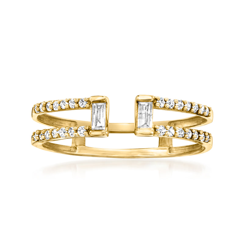 14kt yellow gold diamond open-space ring with baguette center stones and round accents