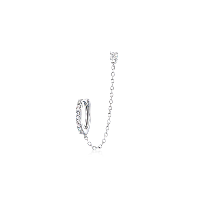 Sterling silver double-piercing earring with diamond-studded hoop and chain