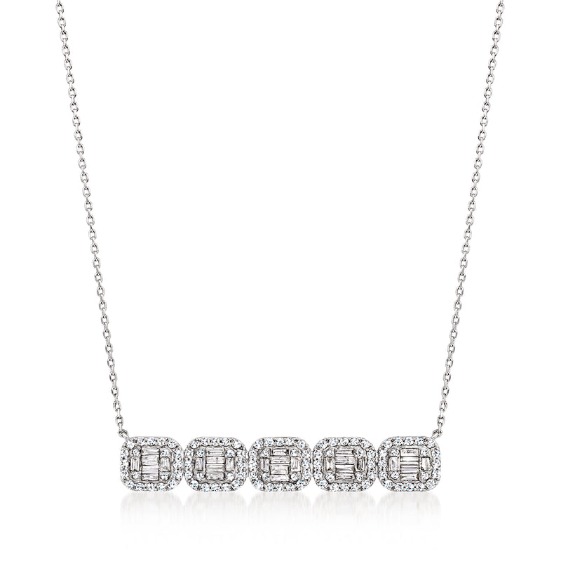 Sterling silver diamond cluster necklace with five rectangular stations on chain