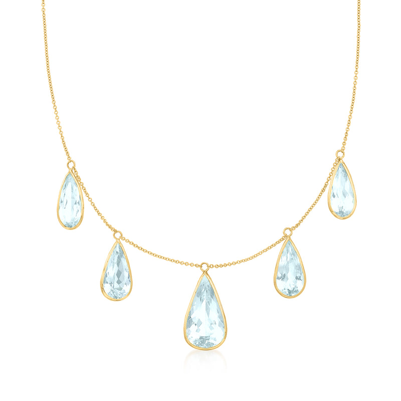 18kt yellow gold necklace with five light blue teardrop aquamarine drop pendants