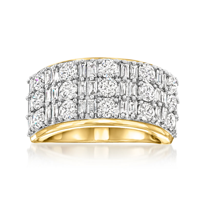 14kt yellow gold diamond ring with round and baguette stones, wide band.