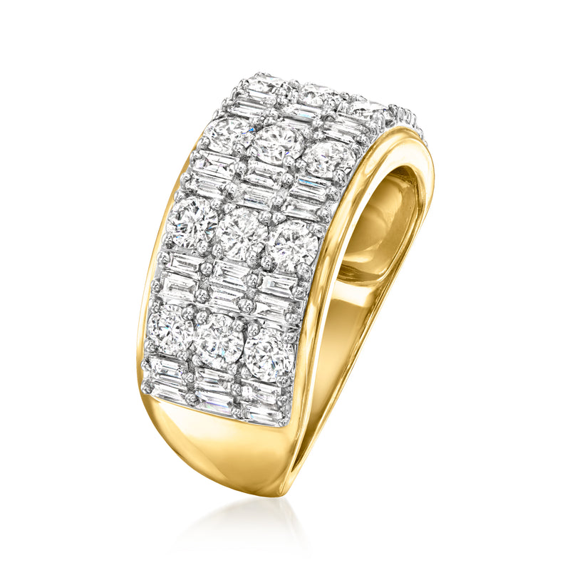 Yellow gold diamond ring with baguette and round stones, curved side view.