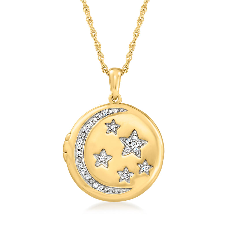 Gold-tone celestial locket necklace with round star charm and stone halo