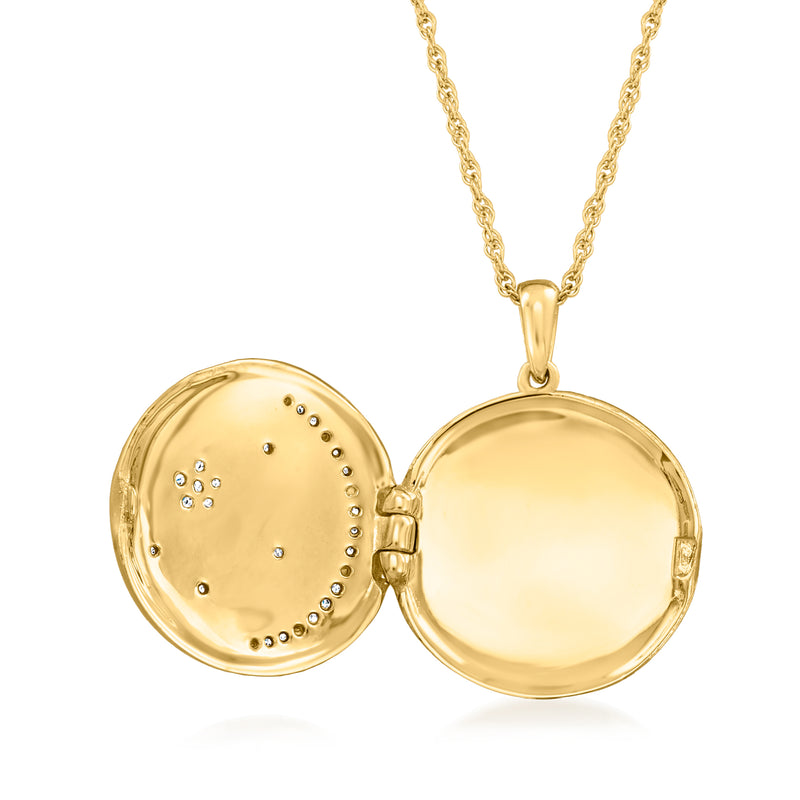 Gold-tone round locket necklace open, showing plain back and studded panel