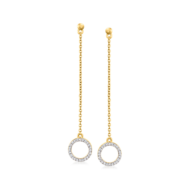 Gold drop earrings with circular diamond halo and dangling chain