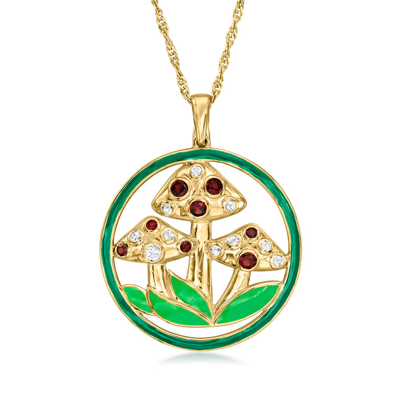 Gold mushroom pendant necklace with green enamel ring, white and red gemstones