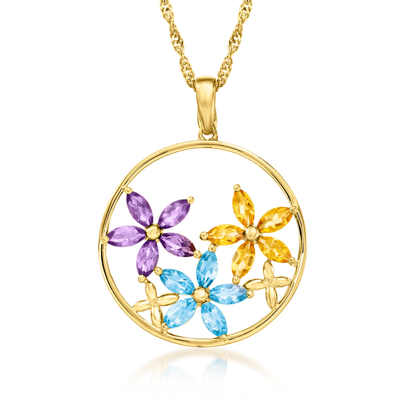 Gold floral multigem pendant necklace with round pendant in purple, blue, and yellow gems