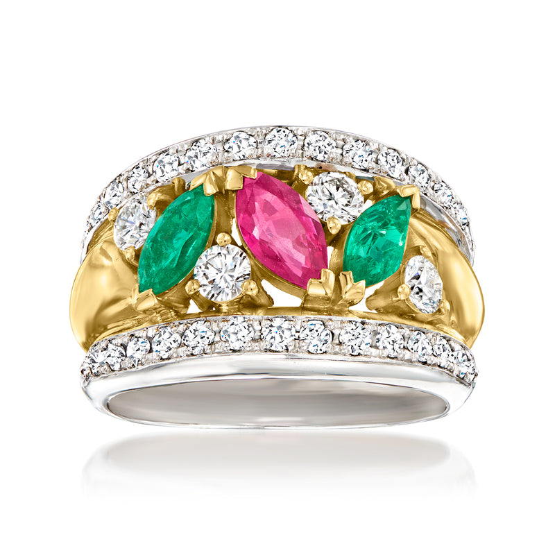 Multigem cocktail ring with diamond halo; pink center oval, two green stones; gold & platinum