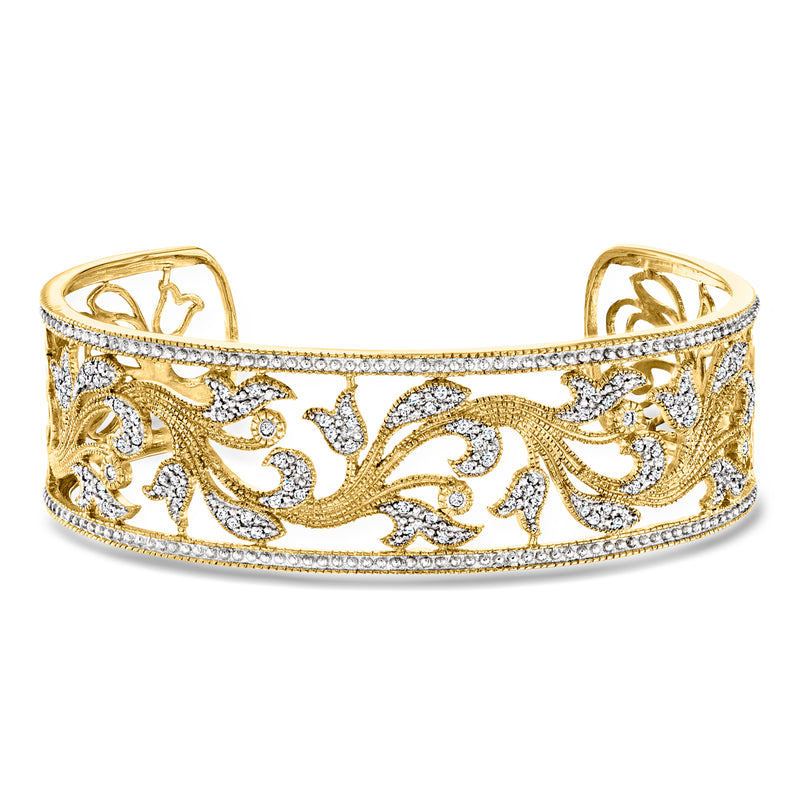 18kt gold over sterling diamond floral filigree cuff bracelet with sparkle accents