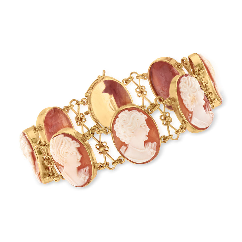 Vintage 14kt yellow gold cameo bracelet with orange shell portrait medallions