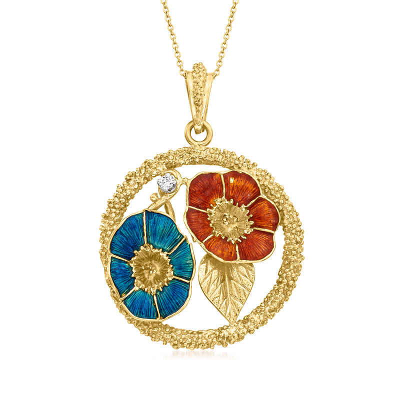 Vintage 18kt yellow gold enamel flower pendant necklace with blue and red petals and diamond