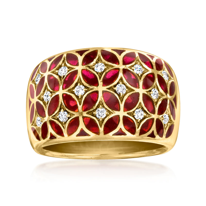 18kt yellow gold ring with red enamel floral lattice and sparkling white diamonds