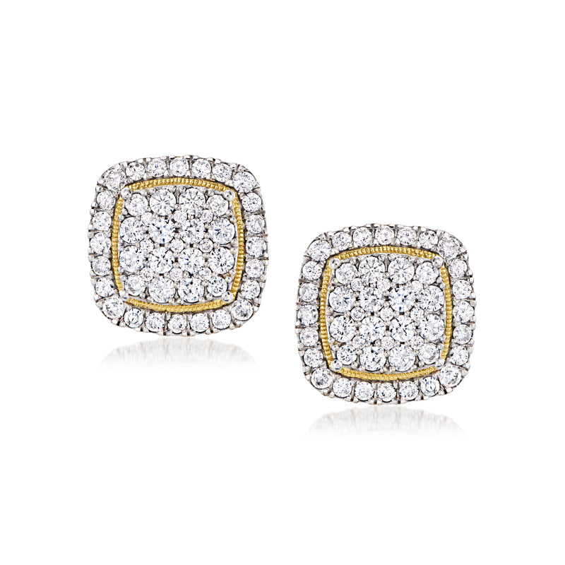 Two-tone gold diamond square cluster stud earrings with haloed cushion centers