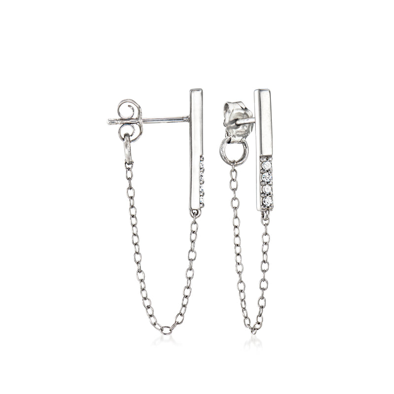Sterling silver bar drop earrings with chain dangles and small round gemstone accents