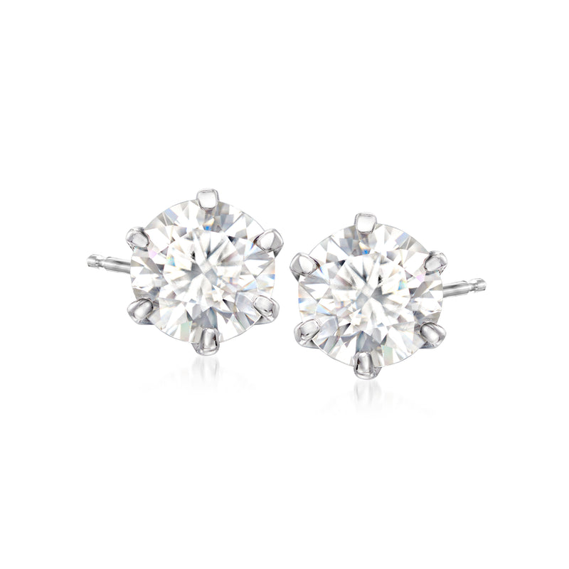 Sterling silver moissanite stud earrings, round brilliant stones in bezel settings