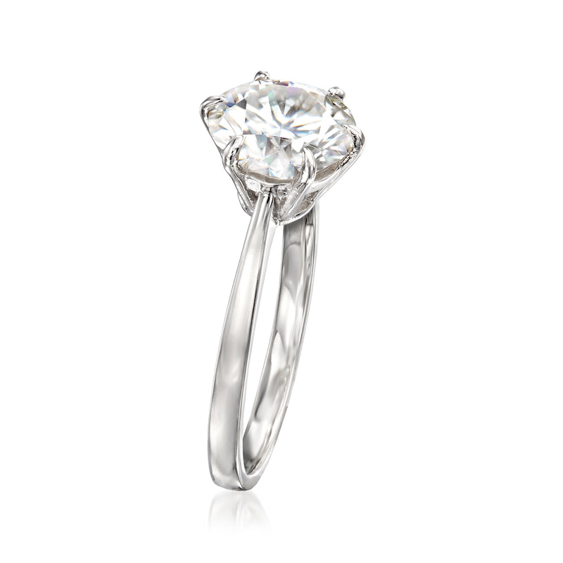 Sterling silver solitaire ring with round moissanite center stone, split band side view
