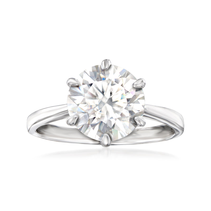 Sterling silver solitaire ring with round white moissanite center and prong setting