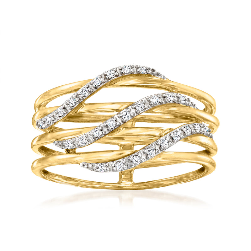 Diamond linear ring in 14kt yellow gold with three wavy diamond rows