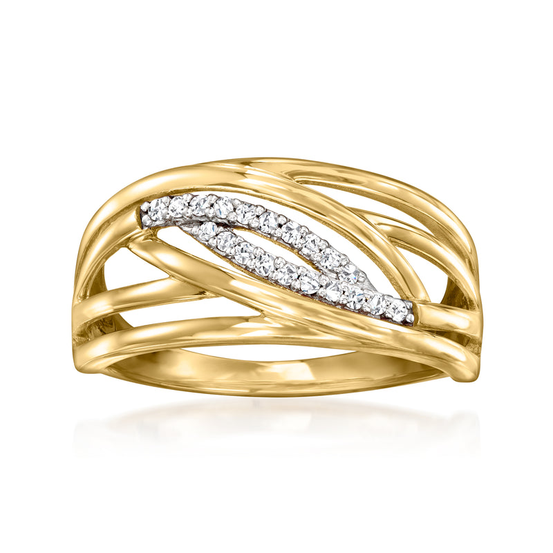 14kt yellow gold crisscross diamond ring with inset row of round stones