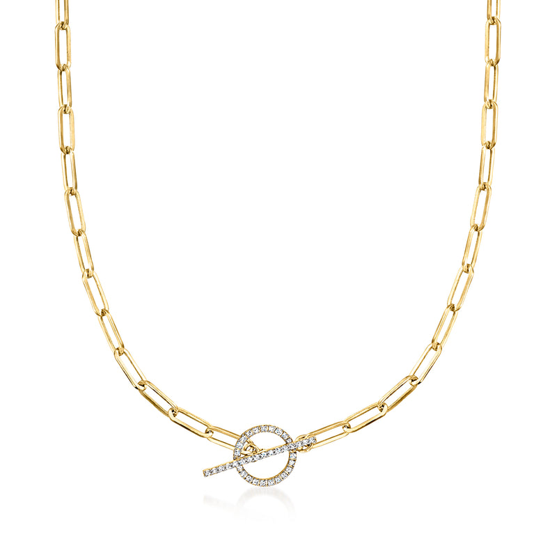 14kt yellow gold paperclip link necklace with diamond toggle clasp, round ring and bar