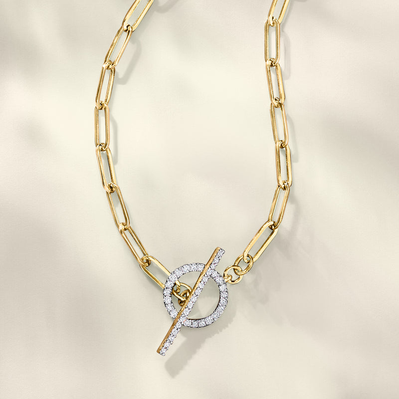 14kt yellow gold paperclip link necklace with diamond toggle clasp and cross bar