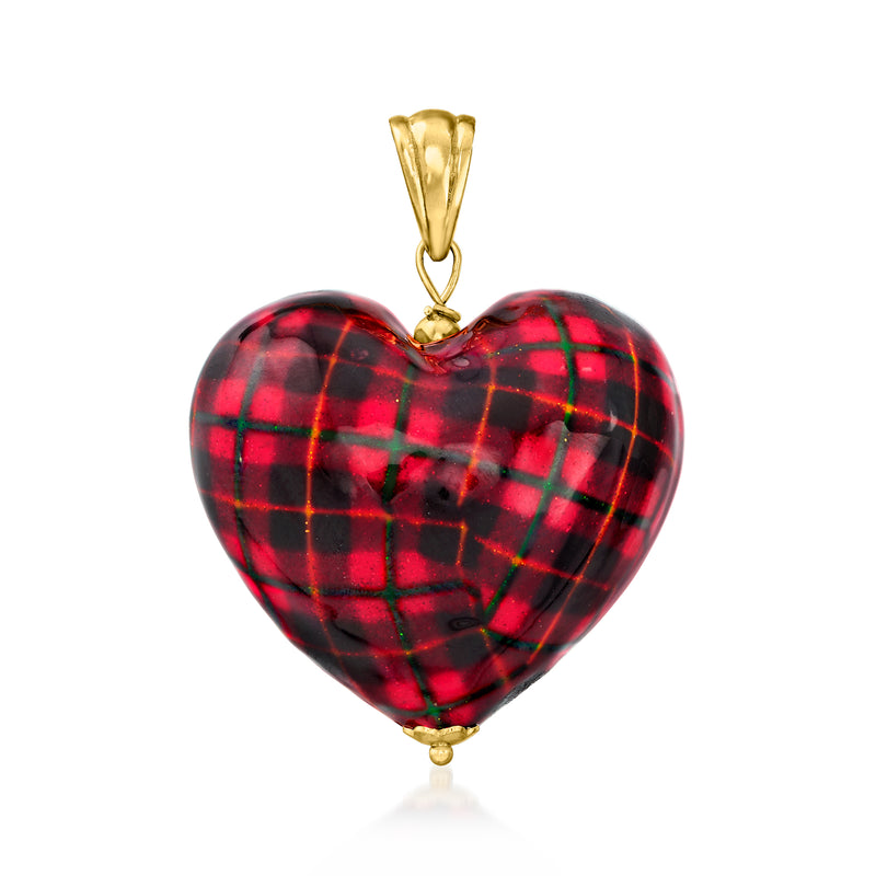 Red tartan Murano glass heart pendant with gold over sterling bail and clasp detail