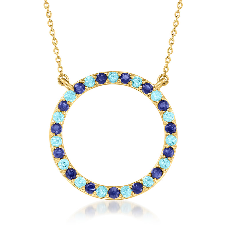 Gold over sterling eternity circle necklace with blue gemstones and sapphire-like stones