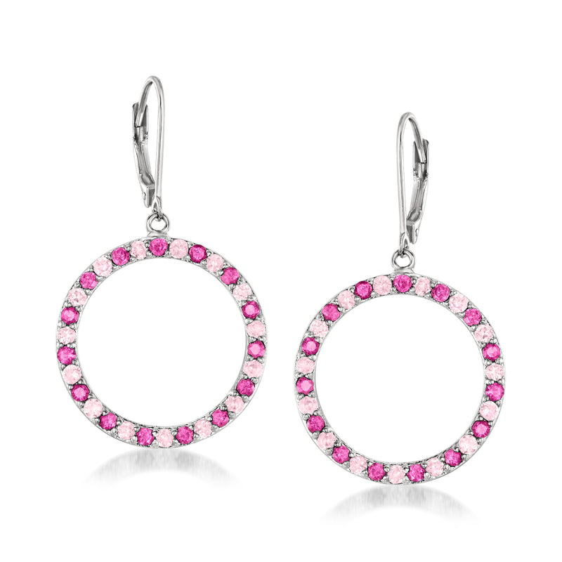 Sterling silver leverback drop earrings with pink gemstone eternity circles