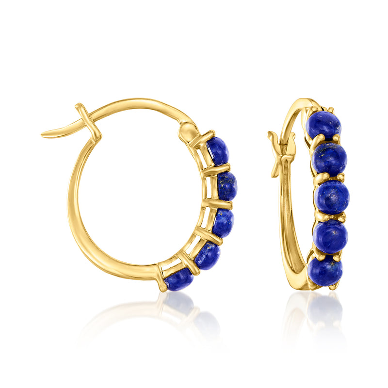 Gold hoop earrings with stacked blue lapis stone accents