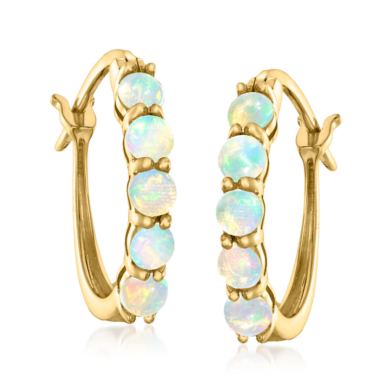 18kt gold over sterling hoop earrings with five oval opal stones, side view