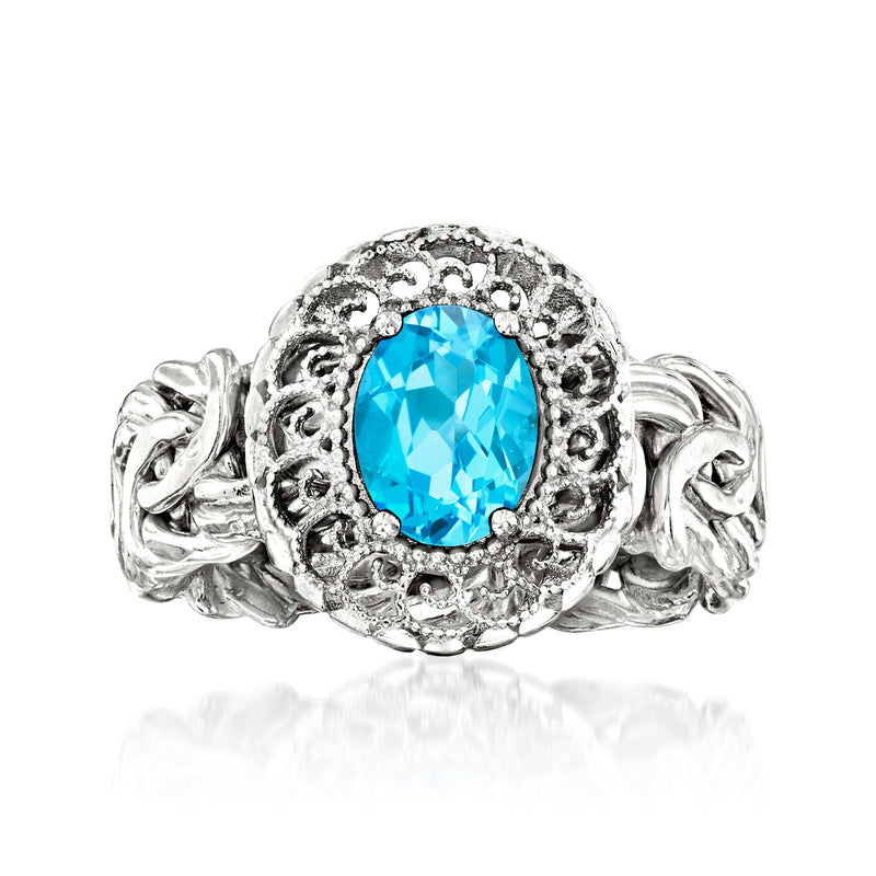Sterling silver Byzantine ring with oval Swiss-blue topaz-style gemstone halo
