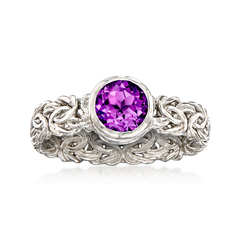 Sterling silver Byzantine bezel-set amethyst ring with round purple gemstone