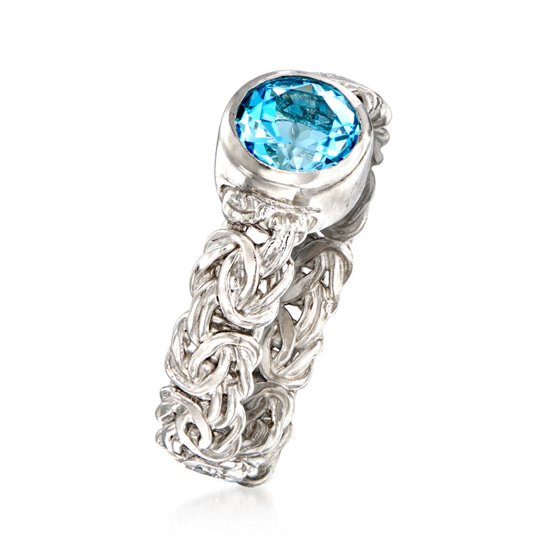 Side view of sterling silver ring with oval blue bezel-set gemstone and braided links