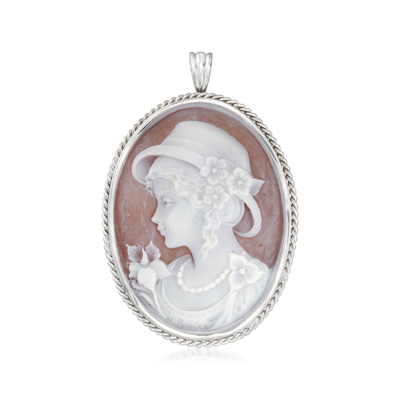 Vintage brown shell cameo pendant in 10kt white gold, left-facing profile in white