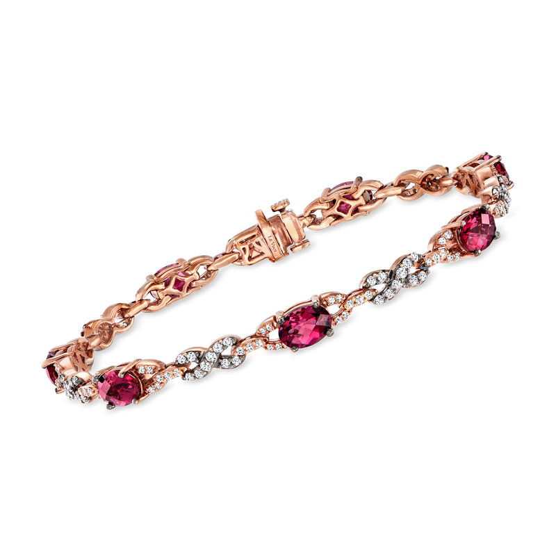 14kt rose gold infinity-link bracelet with rhodolite oval gemstones and diamond accents