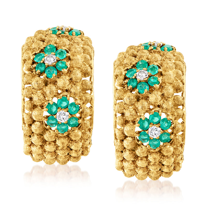 18kt yellow gold curved flower clip/post earrings with emerald-green stones, scalloped texture