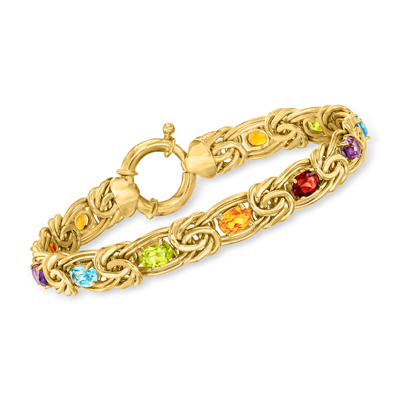 Gold Byzantine bracelet with linked chain and multicolor gemstones
