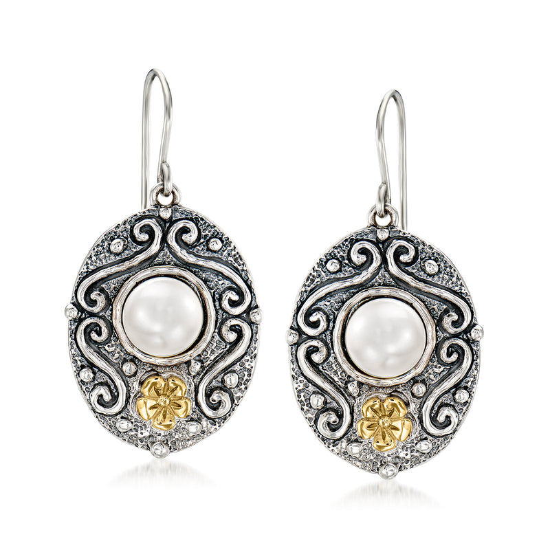 Sterling silver filigree drop earrings with white cultured pearl and gold floral detail
