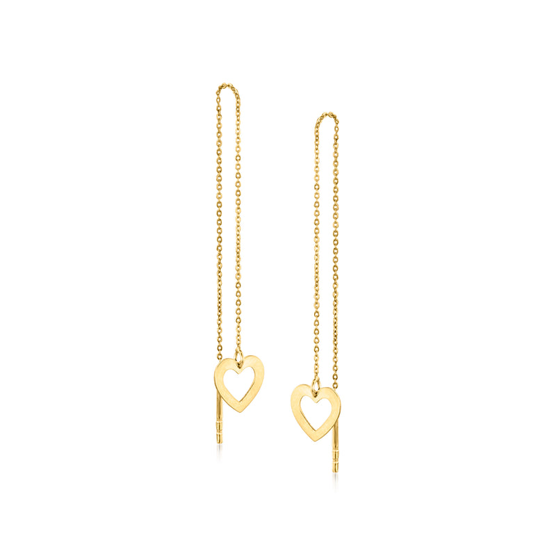 14kt yellow gold heart threader earrings with dangling heart drops