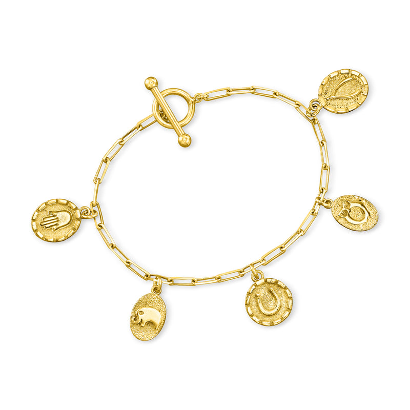 Gold-tone paper clip link charm bracelet with five lucky coin charms