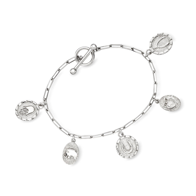 Sterling silver charm bracelet with curb-link chain and five circular lucky symbol pendants