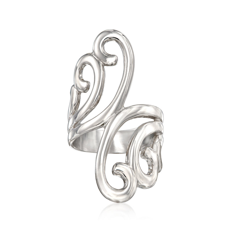 Sterling silver swirl bypass ring with curved overlapping bands