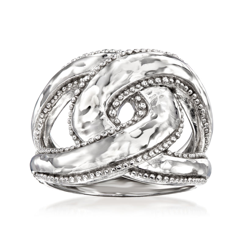 Sterling silver knot ring with beaded edge and braided oval top, polished shine