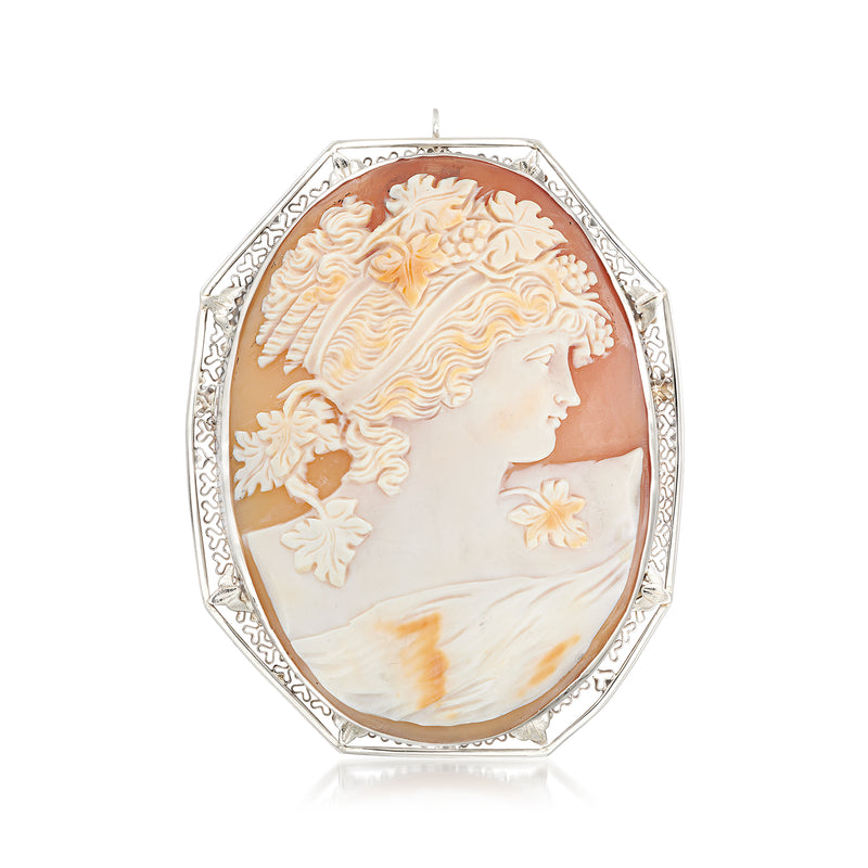 Vintage orange shell cameo pin/pendant in 10kt white gold, oval frame with woman's profile