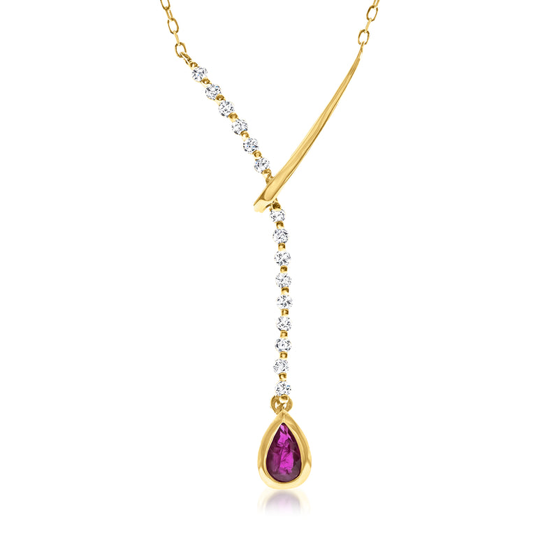 14kt yellow gold lariat necklace with teardrop ruby pendant and diamond stations