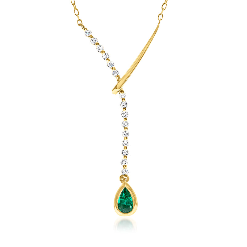 14kt yellow gold lariat necklace with diamond stations and green emerald teardrop
